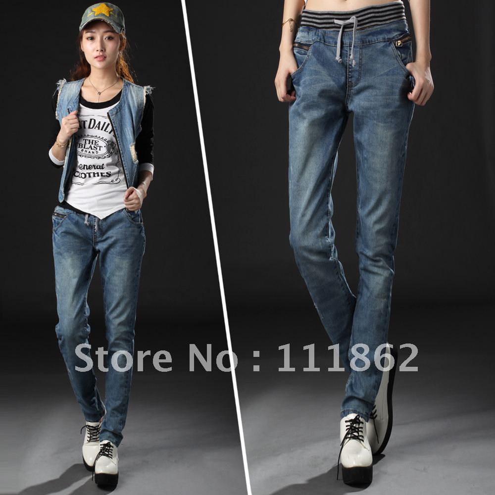 Plus size loose high waist elastic waist jeans female pencil pants denim trousers