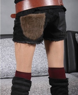 Plus size loose hole mm fur black denim shorts boots pants jeans 205