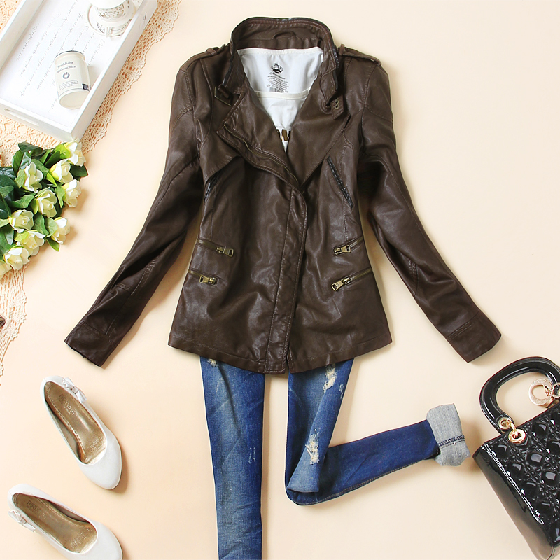 Plus size mm oblique zipper coffee motorcycle paragraph leather clothing super handsome