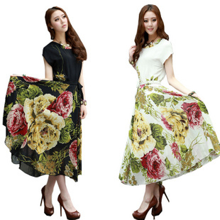 Plus size one-piece dress summer chiffon one-piece dress summer skirt print bohemia expansion bottom full dress