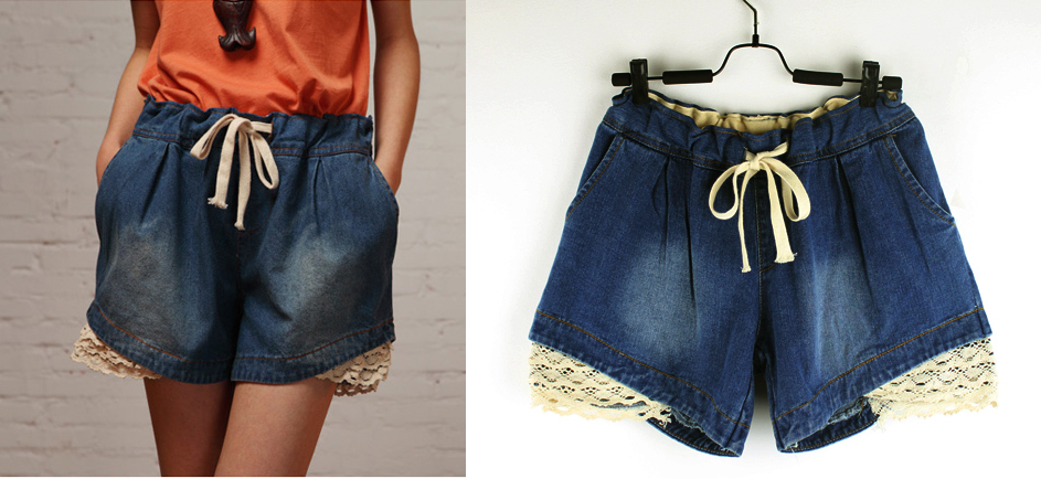 Plus size pants mm denim shorts female lace decoration elegant loose jeans
