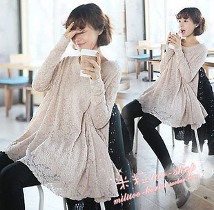 Plus size sisters equipment maternity o-neck loose long-sleeve casual lace shirt top mm Maternity Blouses