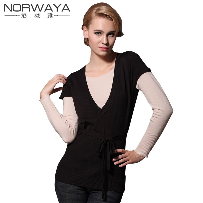 Plus size spring and autumn women's slim V-neck short-sleeve sweater lacing sweater