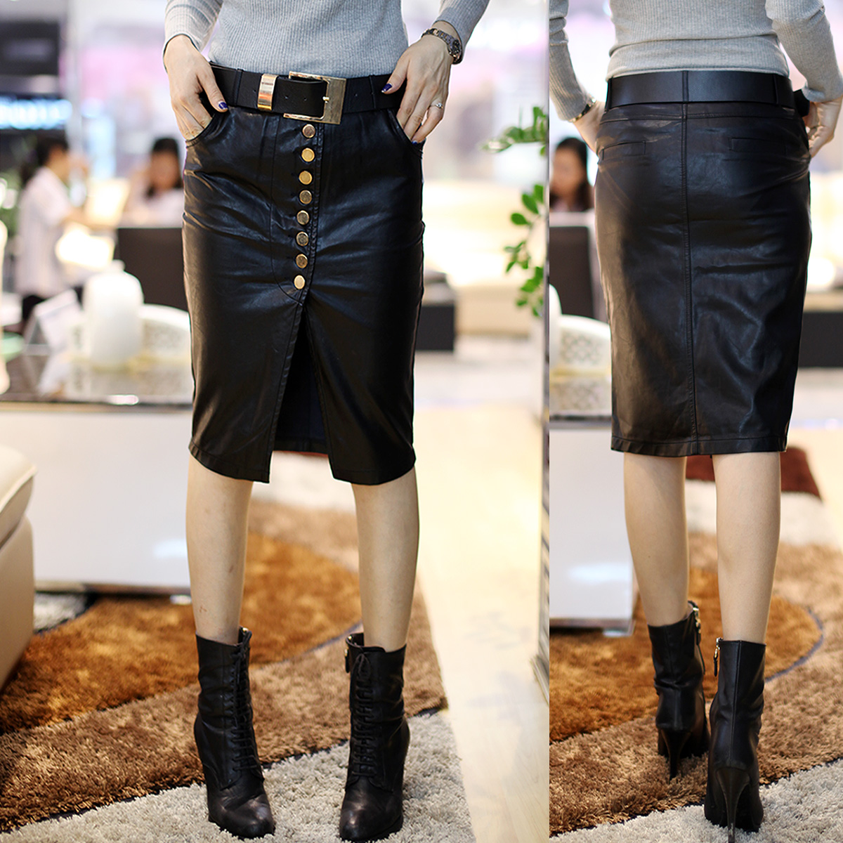 Plus size spring new arrival leather skirt bust skirt water washed leather skirt PU skirt slim hip midguts