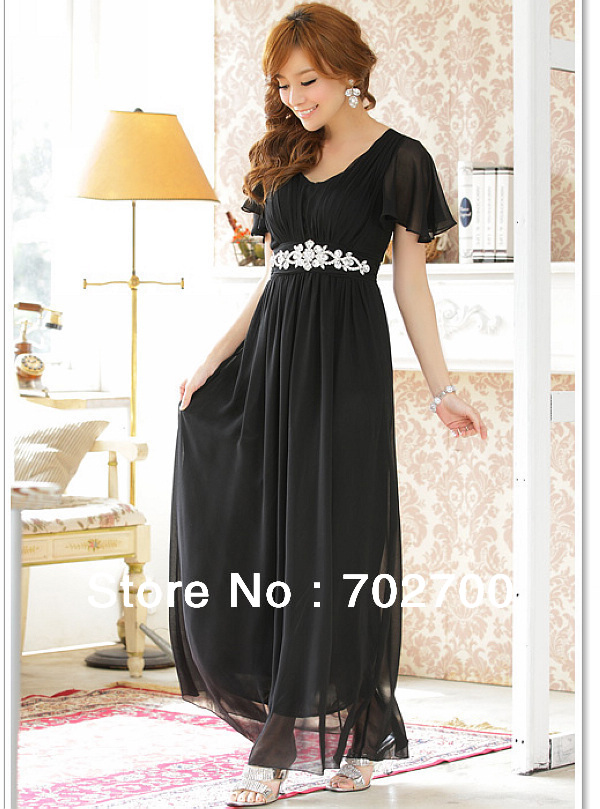 Plus Size Spring Summer New Fashion 2013 Butterfly Sleeve Waist Rhinestones Silk Long Maxi Dress Free Shipping