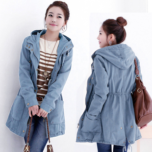 Plus size sz spring and autumn clothing juniors Sky Blue casual fashion medium-long with a hood trench outerwear