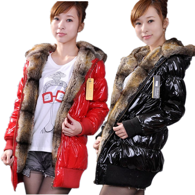 Plus size winter cotton-padded jacket cotton-padded jacket women's hooded fur collar thickening slim overcoat medium-long wadded