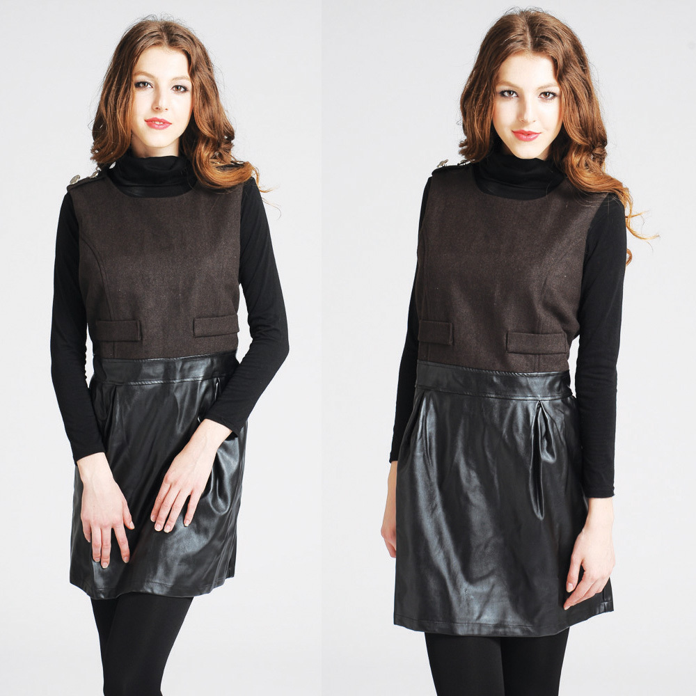 Plus size women autumn and winter fashion slim woolen PU juxtaposition epaulette vest leather skirt e139