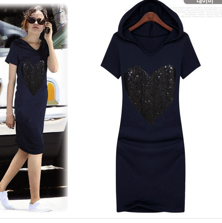 Plus size women fashion paillette heart plus size casual with a hood one-piece dress d010 free shipping china post air mail