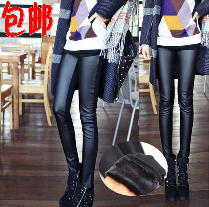 Plus velvet legging autumn and winter thickening matt faux leather legging plus size patchwork leather pants female trousers