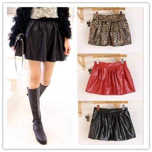 Plus velvet PU leather pleated skirt four color  winter dress