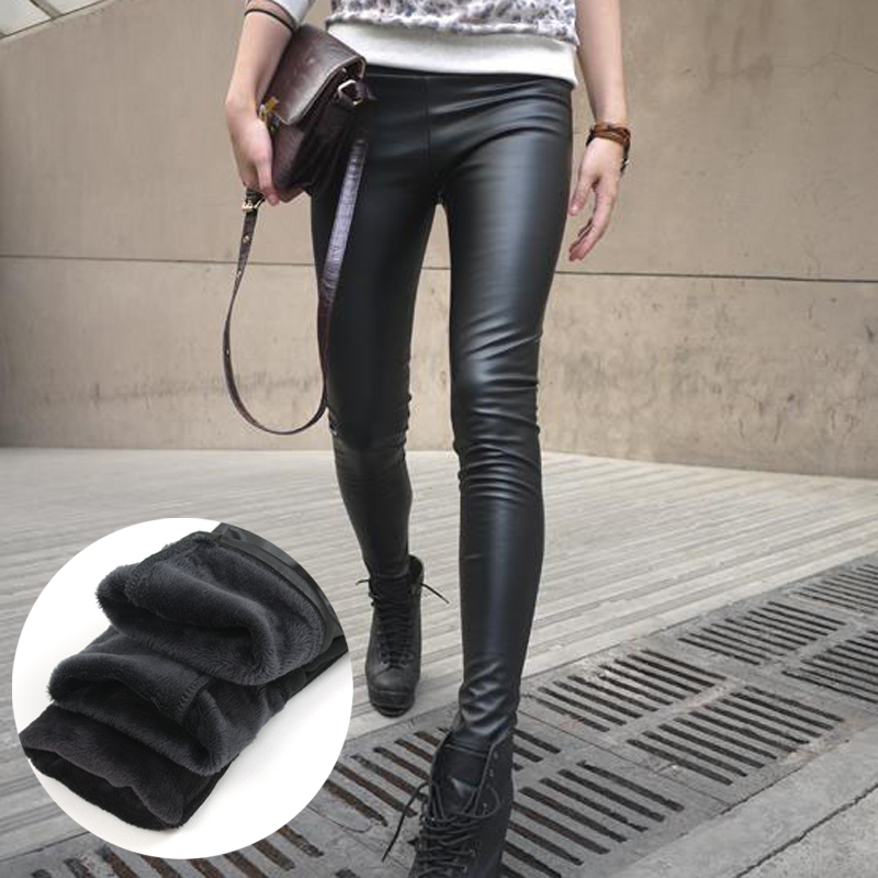 Plus velvet thickening faux leather patchwork legging female autumn and winter ultra elastic plus size warm pants