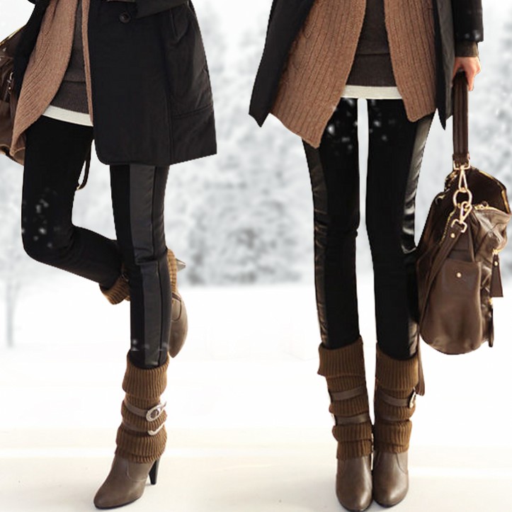 Plus velvet thickening legging pants skinny pants patchwork leather patchwork plus velvet boot cut jeans 2299