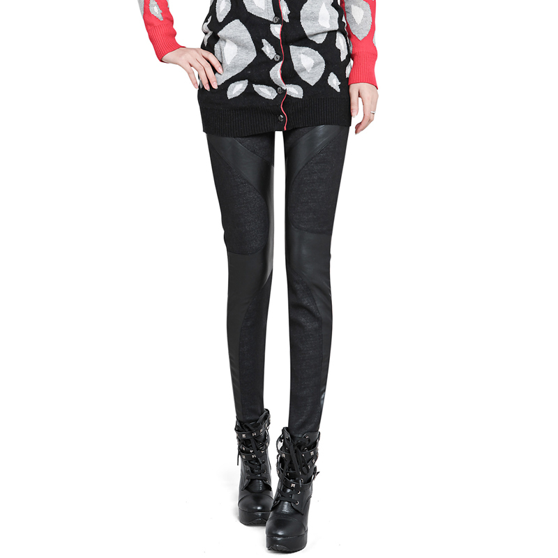 Plus velvet thickening winter women's ankle length legging black faux leather cotton cloth patchwork vq437a slim