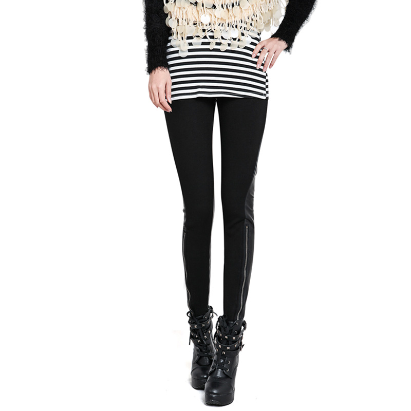 Plus velvet thickening winter women's ankle length legging ll black faux leather cotton cloth side zipper patchwork vq443a
