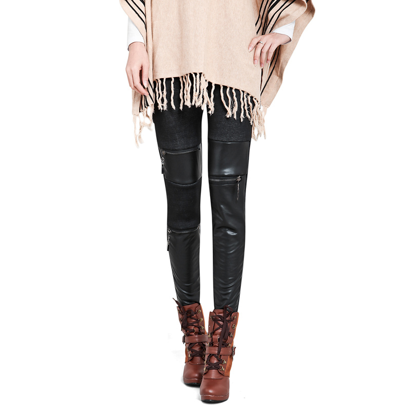Plus velvet thickening winter women's ankle length legging ll black faux leather cotton cloth zipper patchwork vq438a