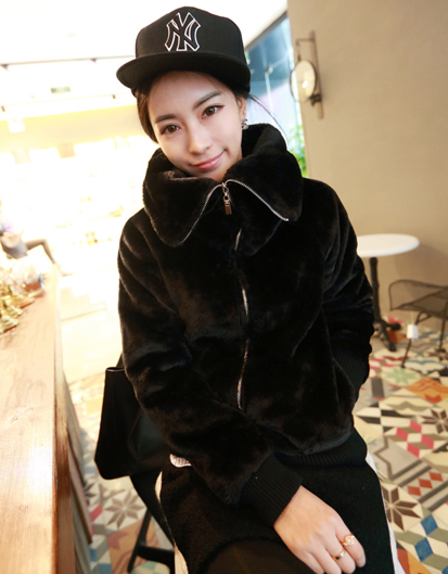 Plush fleece outerwear winter women's black thickening faux fur fleece outerwear overcoat