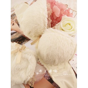 Plush furry push up winter bra underwear set thick insert