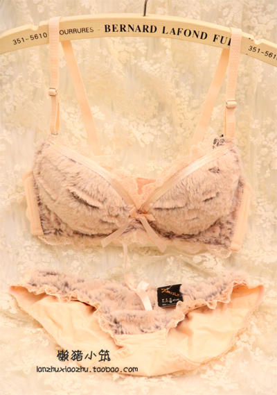Plush ribbon lace 3 women's breasted bra underwear set 6618 beige