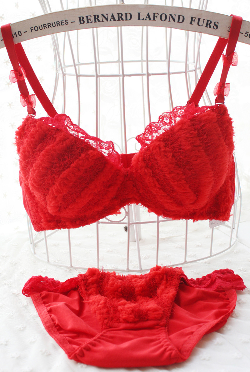 Plush velvet underwear set autumn and winter furry princess push up bra set red