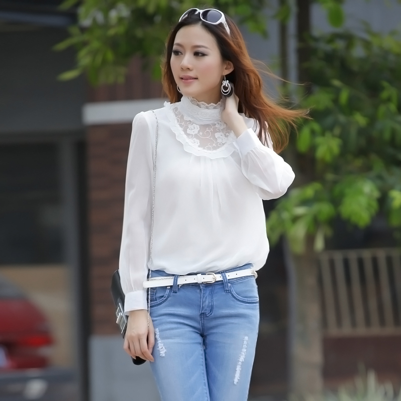 PM16, 2012 autumn, Women Extra Large lace shirt, plus size chiffon shirt, long-sleeve top, Black & White.