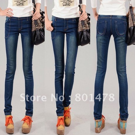 Pocket classic blue wearing white pencil jeans female trousers autumn and winter 2012