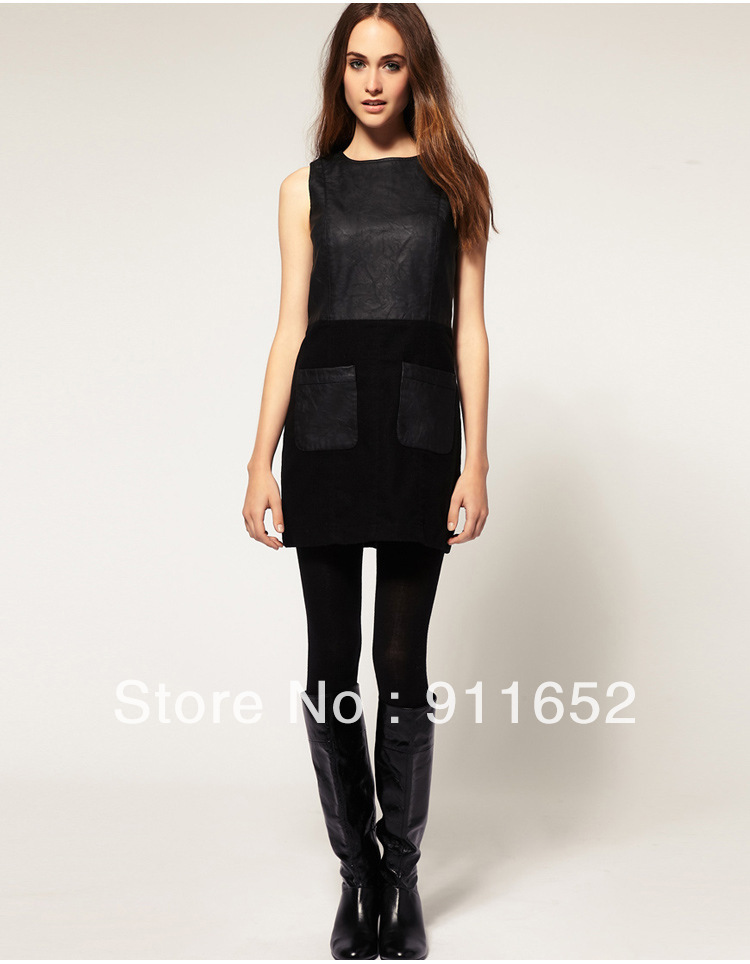 Pocket prettifier fashion solid color slim o-neck long-sleeve leather mosaic pullover one-piece dress