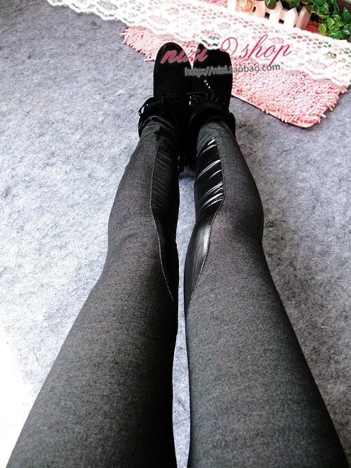 Pocket zipper calf patchwork faux leather legging faux denim boot cut jeans ankle length trousers