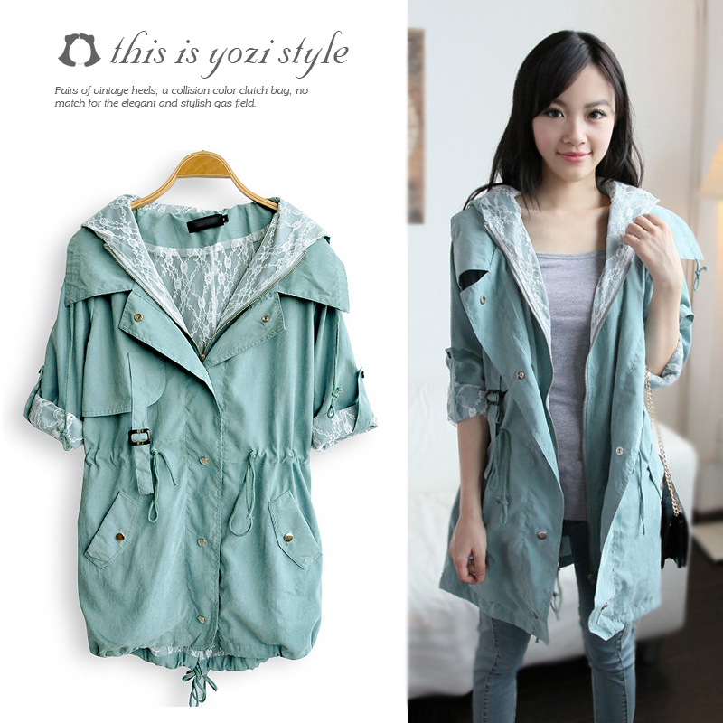 Pomeloes clothing 2012 autumn new arrival gentlewomen loose turn-down collar with a hood long-sleeve medium-long trench