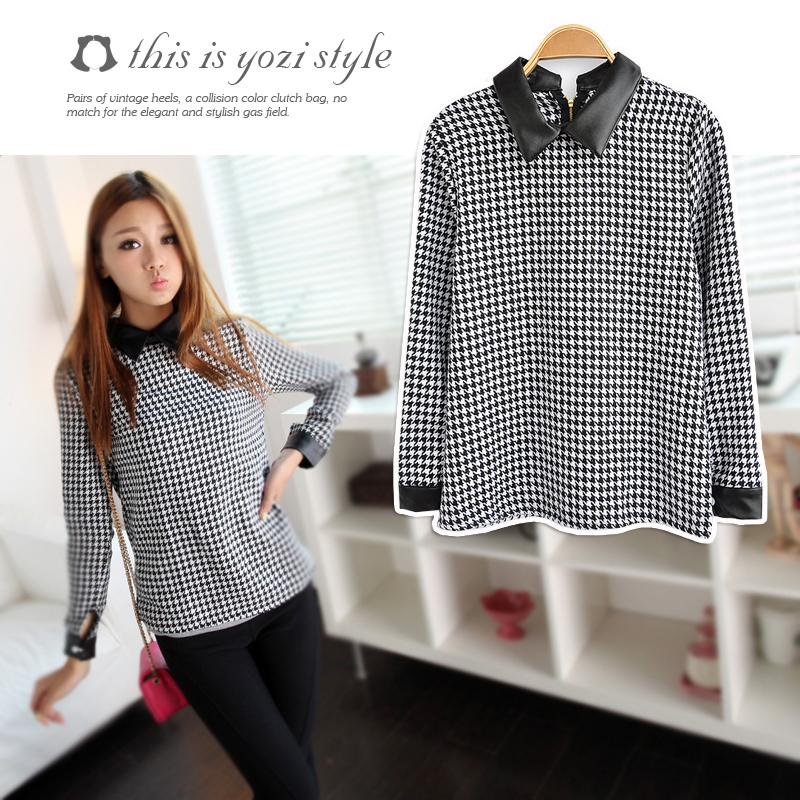 Pomeloes clothing 2012 fashion slim turn-down collar long-sleeve leather mosaic sweater top aa739