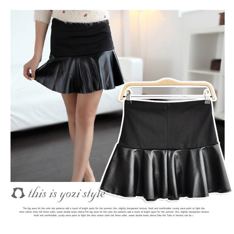 Pomeloes clothing 2012 winter fashion high waist leather mosaic ruffle short skirt female n-609 ,Free shipping