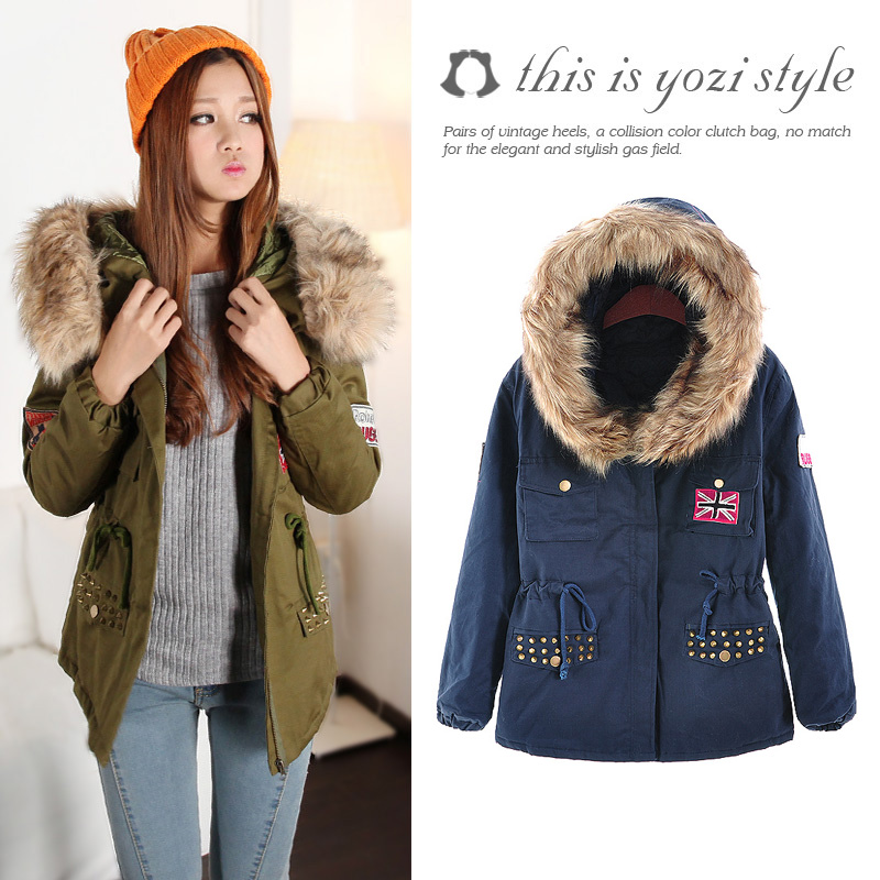 Pomeloes clothing 2012 winter loose military wind applique badge fur collar wadded jacket cotton-padded jacket ac584