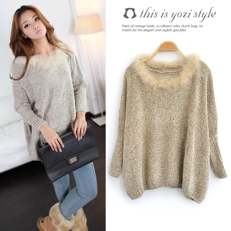 Pomeloes clothing 2013 spring new arrival fashion all-match fur collar batwing sleeve knitted sweater female ad032