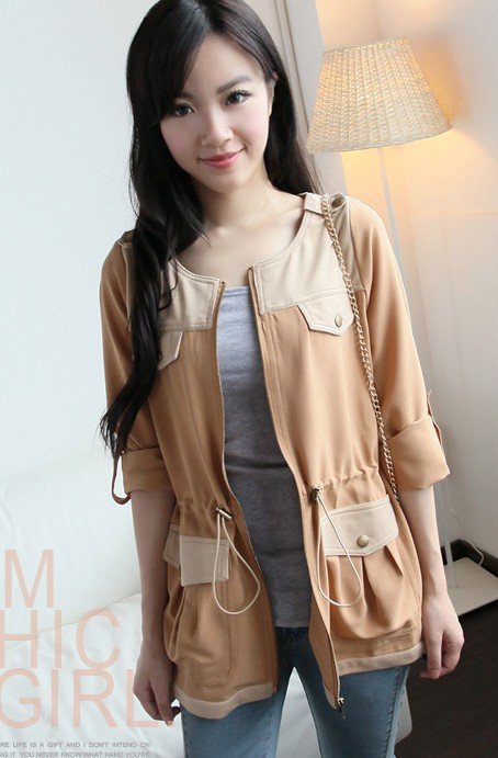 Pomeloes clothing autumn new arrival fashion women's loose patchwork o-neck long sleeve length trench outerwear KX-J0010