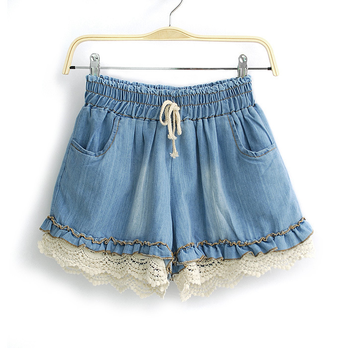 Pomeloes clothing y-198 summer 2012 lace ruffle denim shorts female trousers