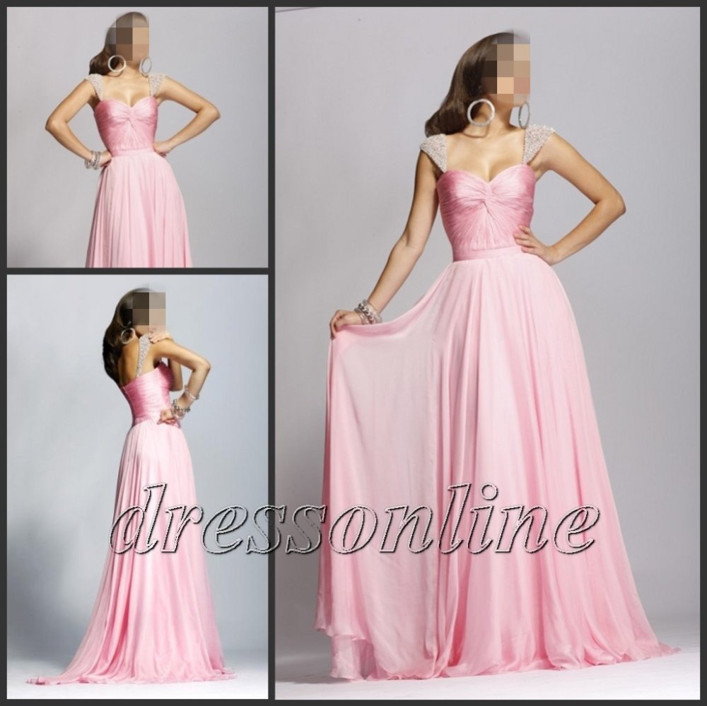 Popular 2012 Pink Removeable Cap Sleeves Beaded Long Party Prom Dress Sweetheart Custom Made