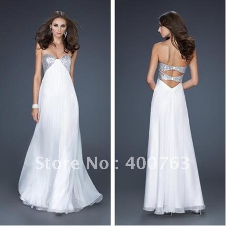 Popular A-line Sequins Detail Chiffon Full Length White Strapless Evening Gowns