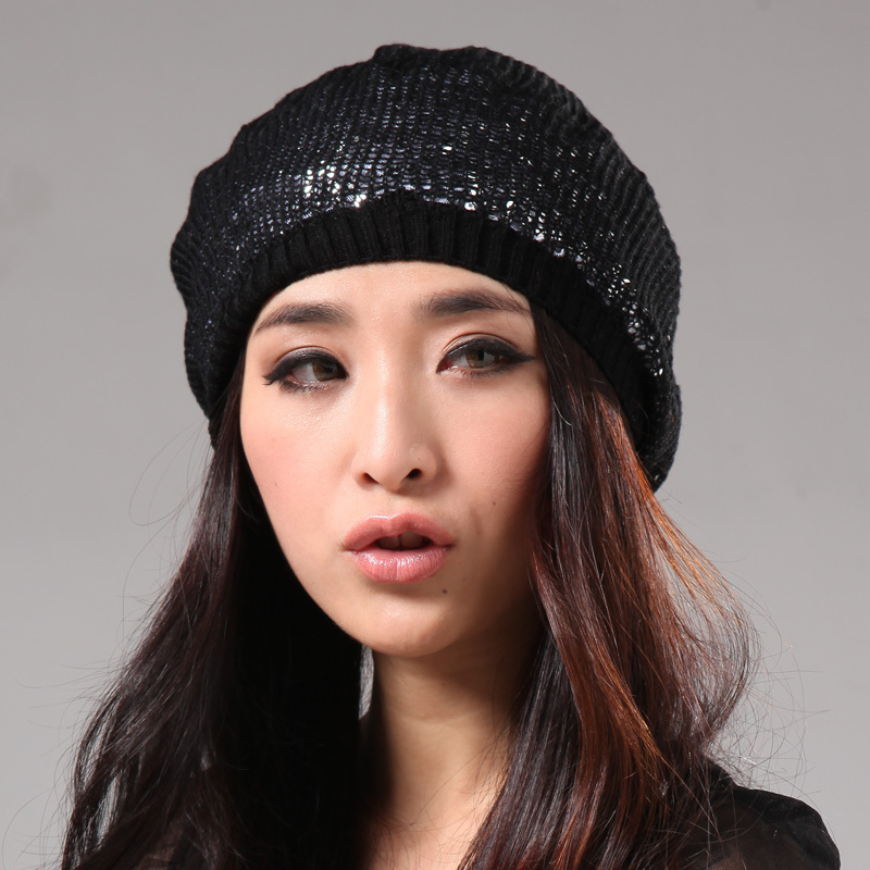 Popular autumn and winter fashion women's paillette knitted yarn beret