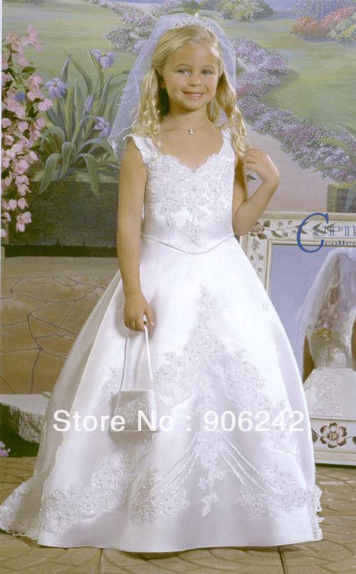 Popular Spaghetti Straps Ivory Applique Newest Bridal Flower Girl Dress LR-C1081
