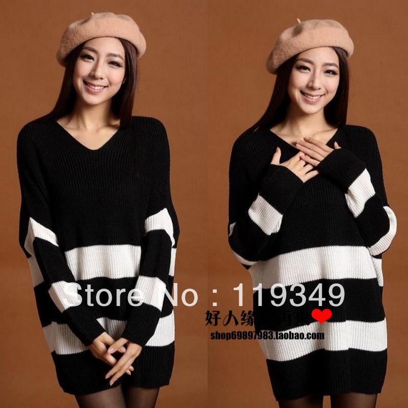 Popular stripe 2013 women's Thickening Personality Loose Batwing Shirt Long sleeve V-neck wool sweater