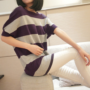 Positive and negative two ways of the back net cutout stripe sweater o-neck medium-long short-sleeve sweater batwing shirt