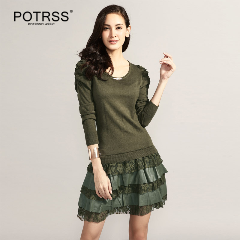 Potrss2013 women's spring puff sleeve layered dress wool fashion jumpsuit leather skirt