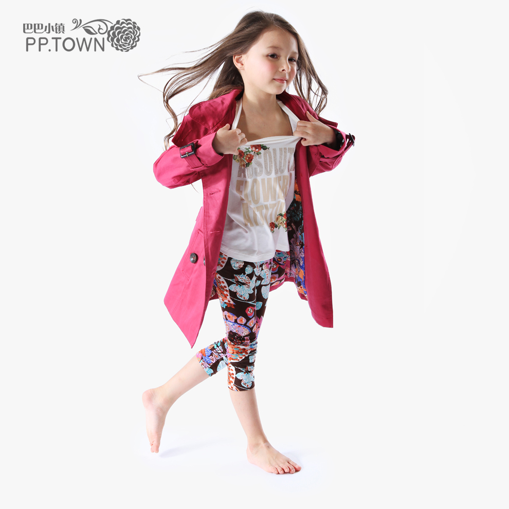 Pptown 2013 spring female child outerwear child double breasted detachable cap trench 0652