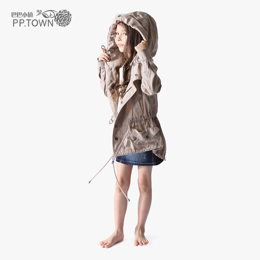 Pptown spring female child trench outerwear child drawstring thin outerwear 0637