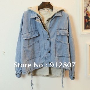 Premium Korea casual denim shirt + vest hooded drawstring leisure jacket 2 Piece Set (2 colors light blue and dark blue) hotsale