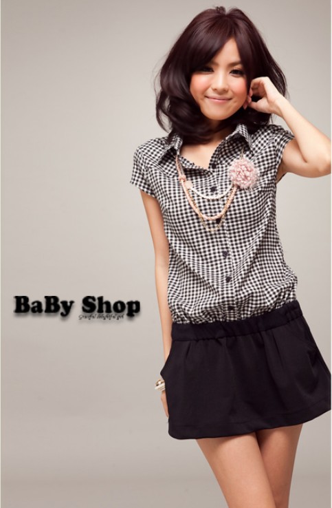 Preppy Grid Style Plaid Color-blocked Lapel Short Sleeve Mini Dress Cute Lady