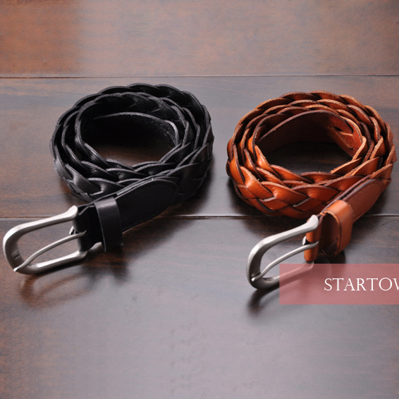 Preppy style first layer of cowhide strap vintage retro finishing genuine leather handmade knitted belt brown black