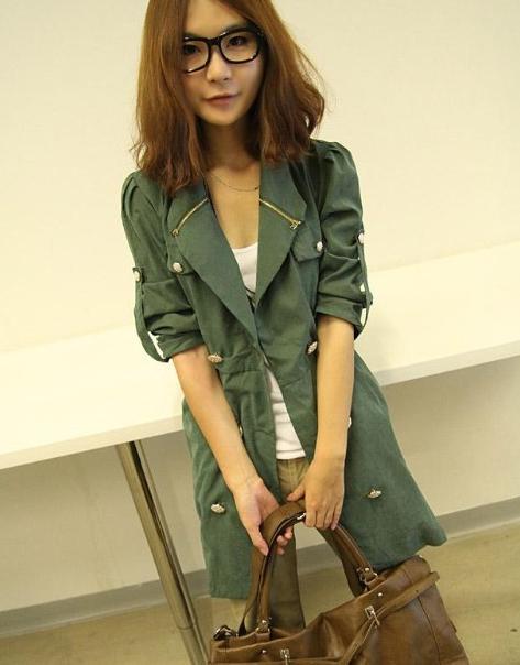 preppy style green military trench metal zipper slim double breasted women trench coat outerwear