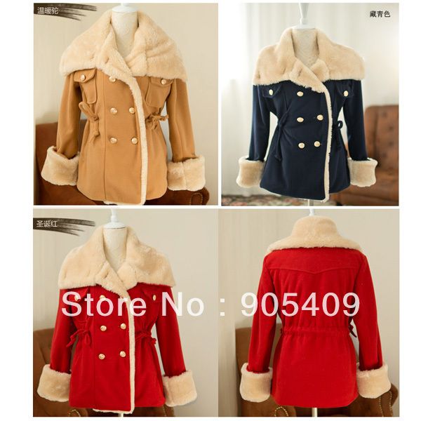 Preppy style Women's Rabbit Fur Collar Warm Winter Woolen Coat Jacket Outwear    HR464