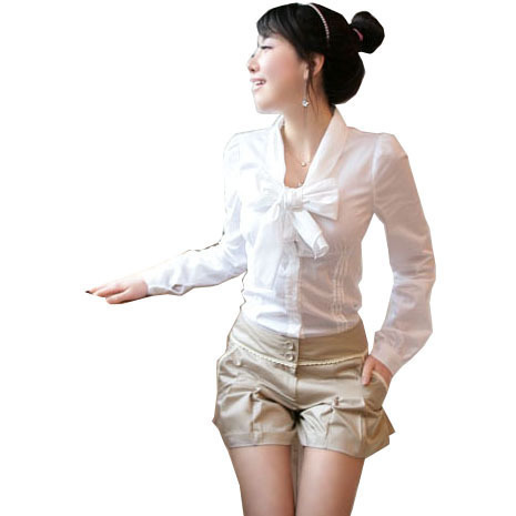 Preppystyle 100% cotton royal sweet bow short puff sleeve long-sleeve white shirt
